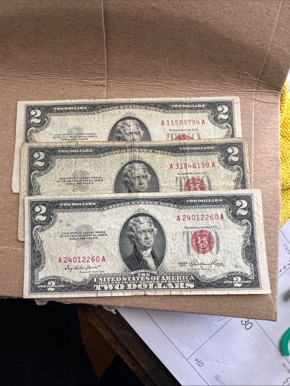 Vintage US $2 Dollar Bills. Set of 3 (Red Seal) All 3 are circulated series 1953